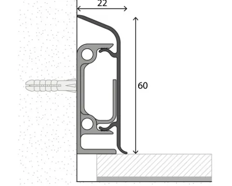 Alu-Clip-Sockelleiste silber mit Kabelführung inkl. 6 Clips 60 mm, Länge: 250 cm
