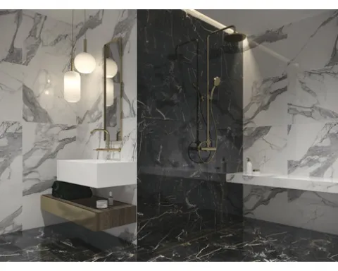 Feinsteinzeug Wand- und Bodenfliese Marquina 119,7 x 119,7 x 0,8 cm gold matt rektifiziert (Nenngröße 120x120 cm)