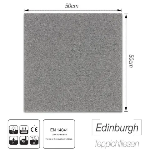 FLOORDIREKT Nylon Teppichfliese Edinburgh - 50 x 50 cm - Selbstliegend - Hellgrau