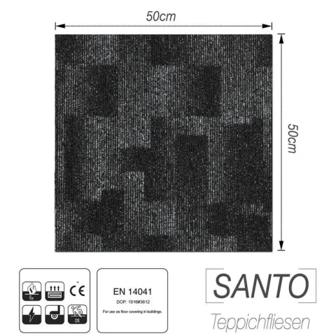 FLOORDIREKT Teppichfliese Santo - 50 x 50 cm - Selbstliegend - Schwarz 78