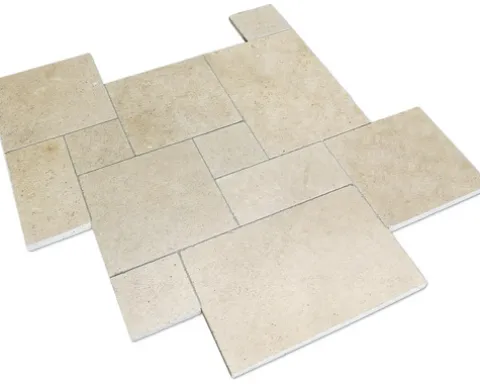 Kalkstein Bodenfliese Tripoli römischer Verband 1,2 cm stark Oberfläche und Kanten getrommelt