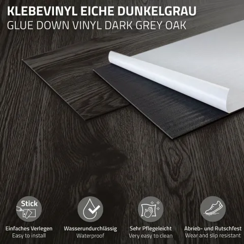ML-Design Deluxe PVC Bodenbelag, Selbstklebende Vinyl-Dielen Vinylboden, 91,5 cm x 15,3 cm x 2 mm, Dicke 2mm, 11,15m²/80 Dielen, Eiche Dunkelgrau, Holzoptik, rutschfest, wasserfest, Einfache Verlegung