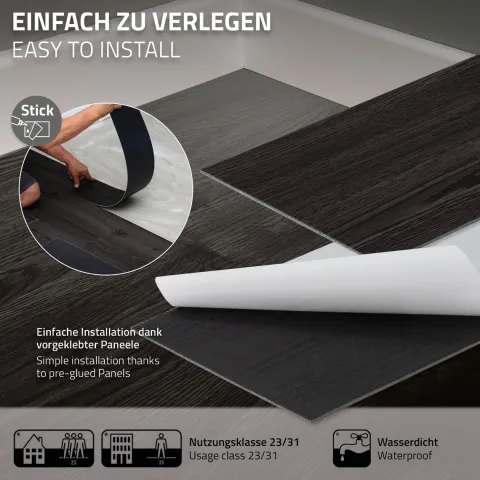 ML-Design Deluxe PVC Bodenbelag, Selbstklebende Vinyl-Dielen Vinylboden, 91,5 cm x 15,3 cm x 2 mm, Dicke 2mm, 11,15m²/80 Dielen, Eiche Dunkelgrau, Holzoptik, rutschfest, wasserfest, Einfache Verlegung