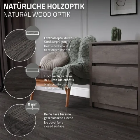 ML-Design Deluxe PVC Bodenbelag, Selbstklebende Vinyl-Dielen, Vinylboden, 91,5 cm x 15,3 cm x 2 mm, Dicke 2mm, 4,46m²/32 Dielen, Eiche Dunkelgrau, Holzoptik, rutschfest, wasserfest, Einfache Verlegung