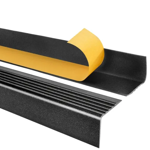 Treppenkantenprofil Selbstklebend 50x42 mm - Treppenprofil PVC für Treppenstufen, Treppenkantenschutz mit Rillen - 70 cm, Schwarz-Silber