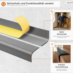 Treppenkantenprofil Selbstklebend 52x40 mm - Treppenprofil PVC für Treppenstufen, Treppenkantenschutz mit Rillen - 70 cm, Grau