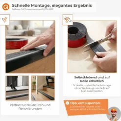 Treppenkantenprofil Selbstklebend 50x48 mm - PVC Treppenprofil Antirutsch, Rollbar - 6 m, Schwarz