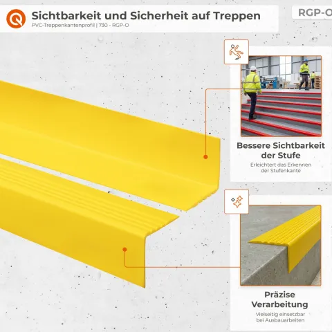 Treppenkantenprofil Selbstklebend 50x50 mm - Treppenprofil PVC für Treppenstufen, Treppenkantenschutz mit Rillen - 110 cm, Gelb