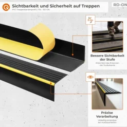 Treppenkantenprofil Selbstklebend 55x40 mm -Treppenprofil, Warnprofil PVC für Treppenstufen, Treppenkantenschutz mit Rillen - 165 cm, Schwarz