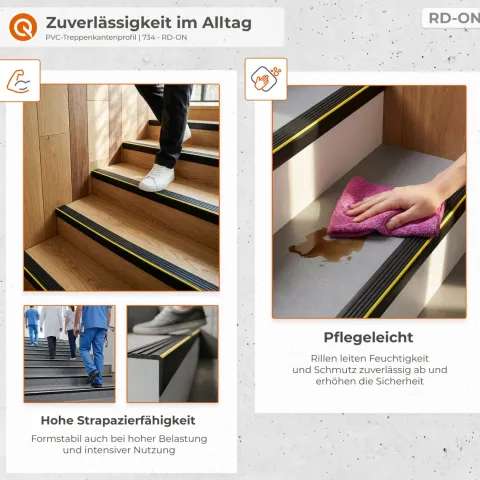 Treppenkantenprofil Selbstklebend 55x40 mm -Treppenprofil, Warnprofil PVC für Treppenstufen, Treppenkantenschutz mit Rillen - 100 cm, Schwarz