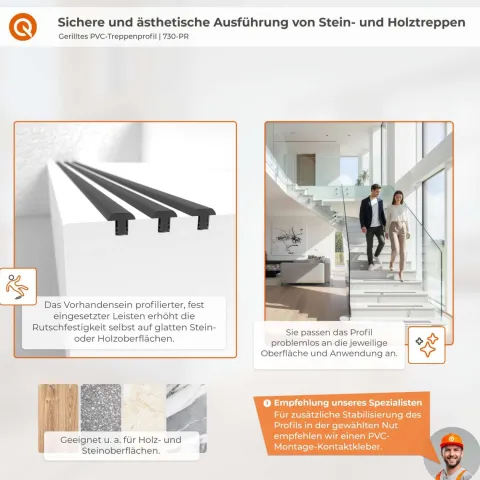 Treppenprofil für Treppenstufenrillen 4,5mm, PVC Gummiprofil Dichtung, Antirutsch - 25 Meter, Schwarz