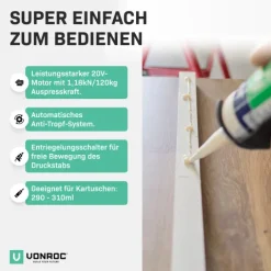 VONROC Akku Kartuschenpresse, Kartuschenpistole neues Modell - 20V - 4 Stufen Durchfluss, Silikonpistole inklusive 2x2h Akku und Ladegerät