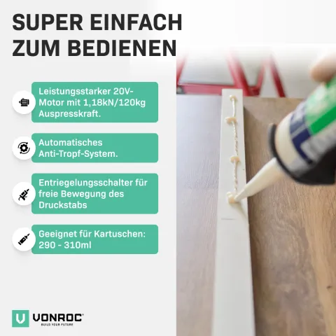 VONROC Akku Kartuschenpresse, Kartuschenpistole neues Modell - 20V - 4 Stufen Durchfluss, Silikonpistole inklusive 2x2h Akku und Ladegerät
