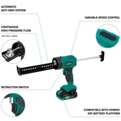 VONROC Akku Kartuschenpresse, Kartuschenpistole NEUES MODELL - 20V - 4 Stufen Durchfluss, Silikonpistole inklusive 2h Akku und Ladegerät