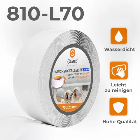 Weichsockelleiste, Breite Sockelleiste 70 x 20 mm, PVC Knickleiste für Wand, Boden, Flexibel, Weiß, 25 Meter