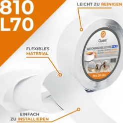 Weichsockelleiste, Breite Sockelleiste 70 x 20 mm, PVC Knickleiste für Wand, Boden, Flexibel, Weiß, 25 Meter