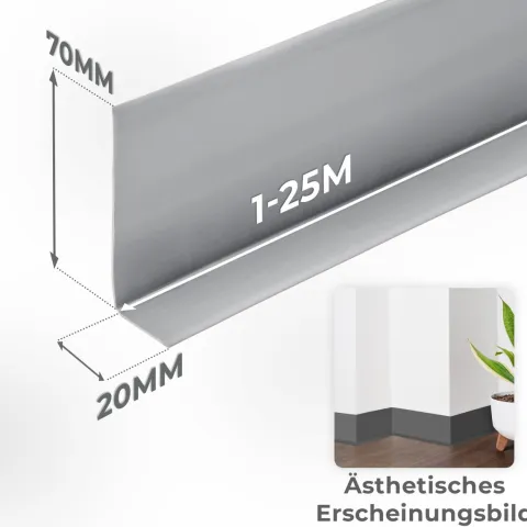 Weichsockelleiste, Breite Sockelleiste 70 x 20 mm, PVC Knickleiste für Wand, Boden, Flexibel, Weiß, 1 Meter