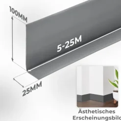 Weichsockelleiste, Breite Sockelleiste 100 x 25 mm, PVC Sockelleiste, Flexibel, Weiß, 15 Meter